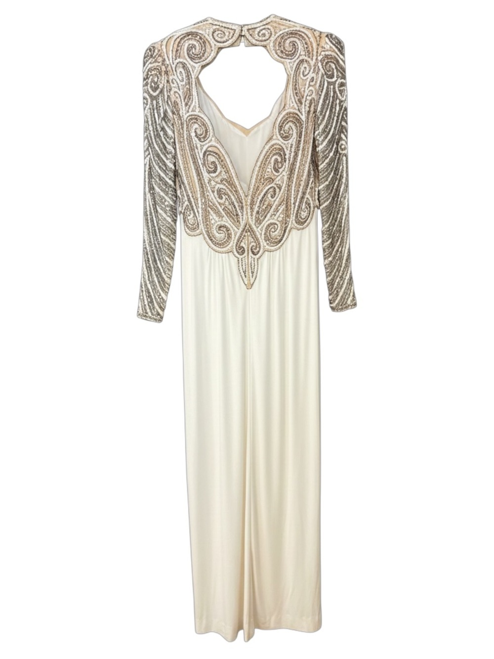 Vintage Ivory Gold Beaded Sequin Maxi Dress Long Sleeve Keyhole Formal Gown - Picture 3 of 11